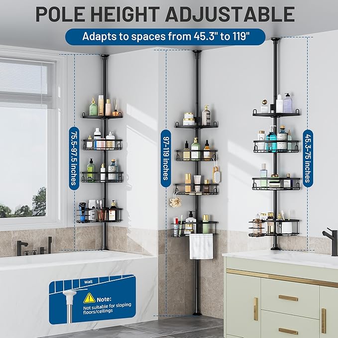 Corner Shower Caddy Tension Pole, 4 Tier Adjustable No Drill Rustproof Large Capacity Space-Saving Shower Shelves Organizer Storage Rack 45.29-119in for Bathroom Bathtub Family Renters, Black