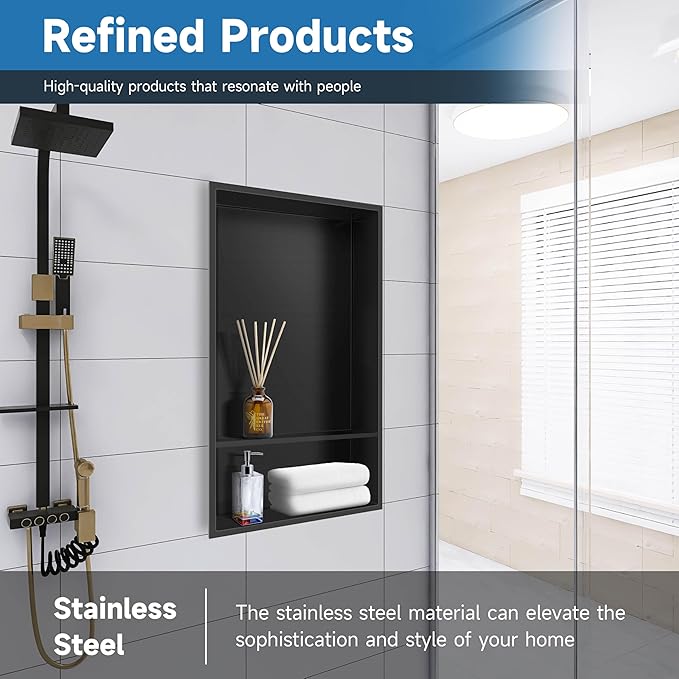 Shower Niche 13" X 25" Black, Stainless Steel Wall Niche Double Shelves Recessed Shower Shelf for Bathroom Storage, No Tile Needed Over Mount Installation
