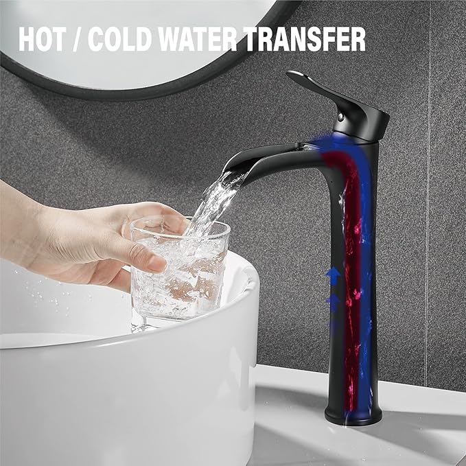 YUNDOOM Matte Black Vessel Sink Faucet, Deck Mount, Single Hole, Waterfall Design, Easy Installation, Durable, Drip-Free, Ceramic Disc Cartridge Valve, Solid Brass Material