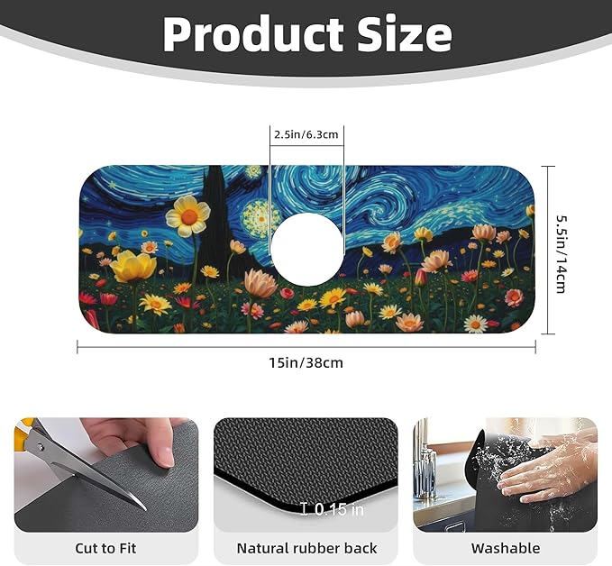 Starry Night Flowers Dish Drying Mat for Kitchen Counter, 16"x18" Microfiber Absorbent Fast Dry Mat, 2Pcs Dish Mat Faucet Mats Sets, Large Drying Kitchen Mat Kitchen Drying Pad