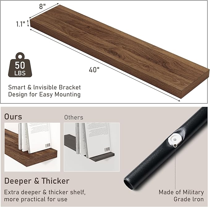 40" Floating Shelves for Wall, 8 Inch Deep Floating Shelf for Books, Deep Bathroom Shelves Wall Mounted, Rustic Display Shelf for Bathroom/Living Room/Bedroom/Kitchen Decor, Walnut Color, 2 Pack