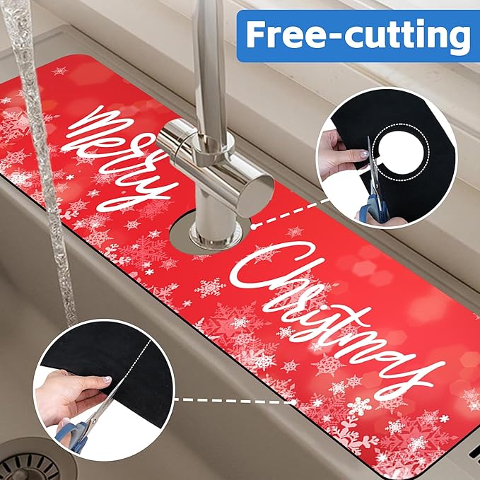 Merry Christmas Snowflake Kitchen Sink Splash Guard Mat Absorbent Fast Drying Mat Faucet Draining Mat Sink Splash Guard Behind Faucet Drip Catcher for Kitchen Bathroom 5.5"×24"