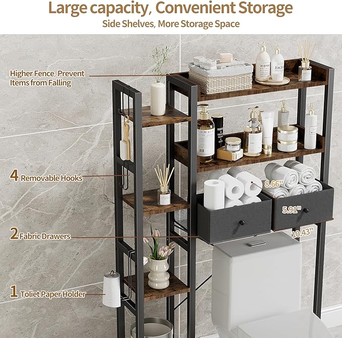 Housolution Over The Toilet Storage with 2 Drawers, 7 Tier Over Toilet Bathroom Organizer with Height Adjustable Shelves and Hooks, Space Saver Above Toilet, Black+Brown
