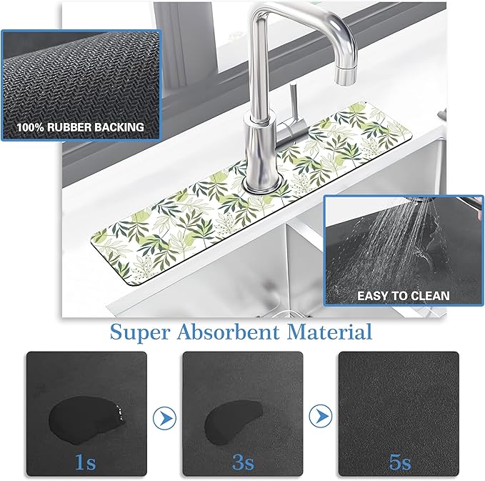 Faucet Mat for Kitchen Sink Artistic Green Leave Branche, Soft Diatom Mud Material, Strong Water Absorption, Non-slip, Easy to Clean for Bathroom, Kitchen 23.5"X5.5"
