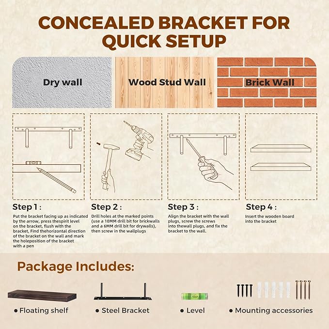 Floating Wall Shelves 24x6.8x1.7 Inch – Solid Wood Rustic Shelves in Walnut Finish – Wall Mounted Display Shelf for Bathroom, Kitchen, Bedroom – Set of 2