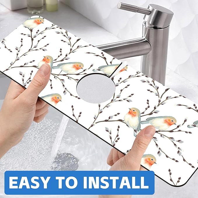 Willow Branches and Robin Dish Drying Mat for Kitchen Sink Splash Guard Behind Faucet Sink Mat Absorbent Fast Drying Faucet Draining Mat for Bathroom Kitchen 5.5"×15"