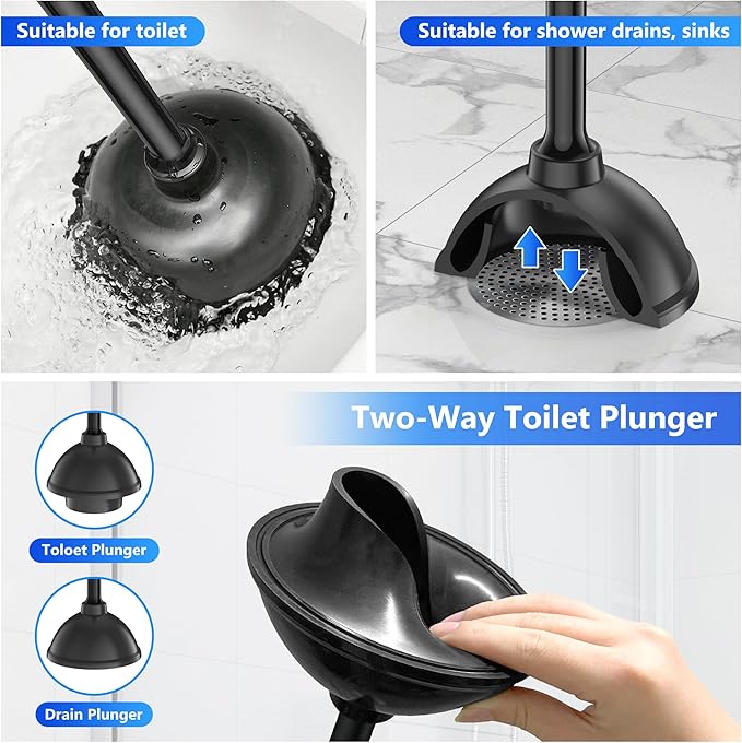 Toilet Plunger with Holder, Plunger with Unique Holder for 5.7-inch Toilet Drain, Plungers for Bathroom with Holder, Toilet Plunger Heavy Duty (1, Black)