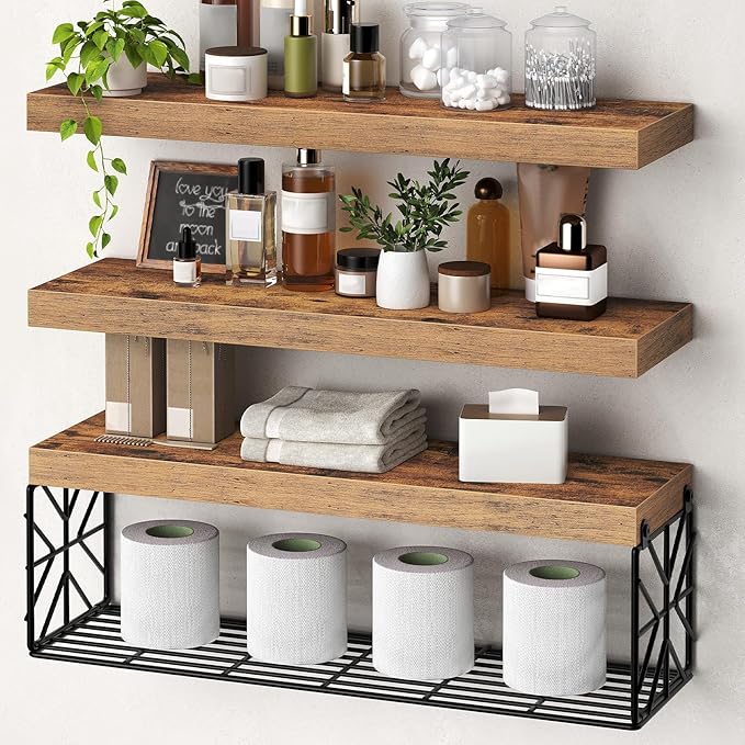 Floating Shelves for Wall, 23.6" Wall Mounted Shelves Set of 3, 1.5" Thick Hanging Shelf Storage, Farmhouse Decor for Bathroom, Toilet, Bedroom, Living Room, Kitchen, Rustic Brown 6001BJBF