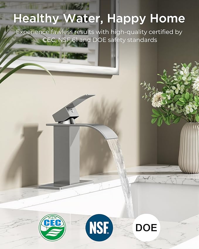FORIOUS Brushed Nickel Waterfall Bathroom Faucets 1 or 3 Hole, Vanity Single Bathroom Sink Faucet with cUPC Supply Line and Pop Up Drain, Suitable for Basin, RV, Restroom Sink
