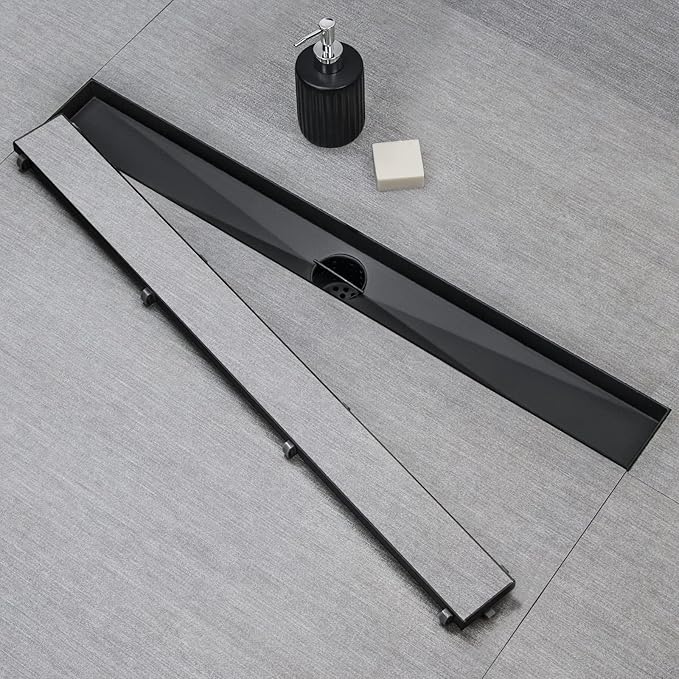 SaniteModar Linear Shower Drain, Black Shower Drain 24 inch with Flat and Tile Insert 2 in 1 Panel, AISI 304 Stainless Steel Black Linear Shower Floor Drain with Hair Strainer and Leveling feet