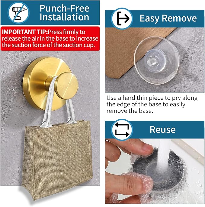 Suction Cup Hooks for Shower 2 Pack Stainless Steel No Drill Removable Waterproof Rustproof for Bathroom Kitchen Glass Mirror Tile to Hang Towels Robes Loofah Wreath (Brushed Gold)