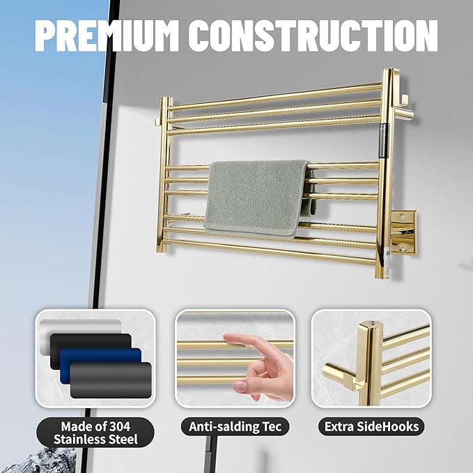 K&KALONZO Towel Warmer for Bathroom, Wall-Mounted 9-Bar Heated Towel Rack with Built-in Timer, Waterproof Electric Towel Heater, Support Plug-in and Hardwired, Polished Gold, EL13M