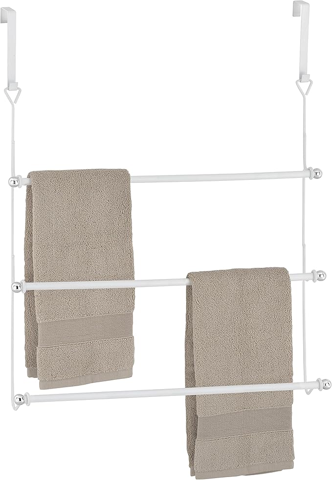 MyGift White Metal 3-Tier Over The Door Towel Rack - Bathroom Door Towel Holder, Over Shower Door Drying Rack for Small Spaces