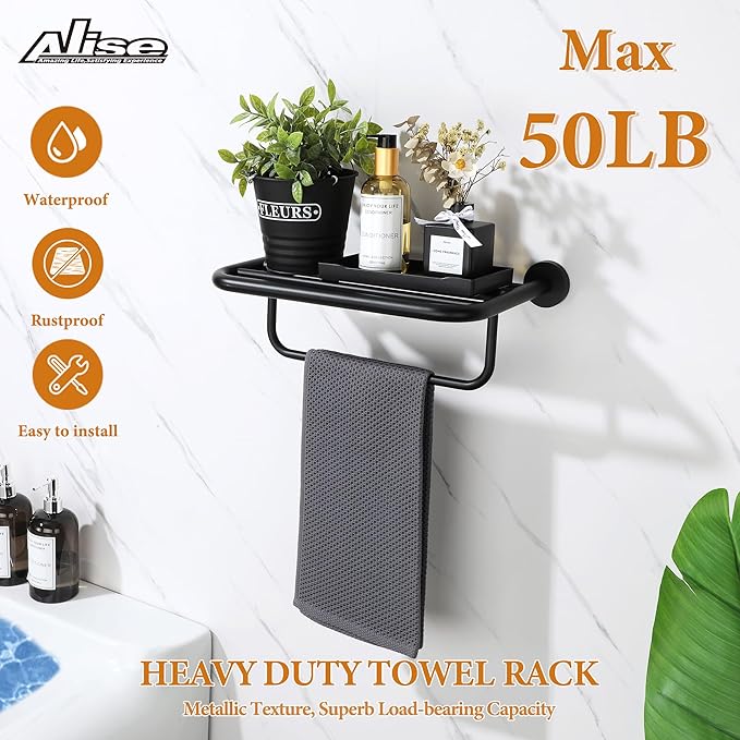 Alise 16 Inch Towel Racks for Bathroom, Foldable Towel Hanger Towel Shelf with Tower Bar, Heavy Duty Towel Holder, SUS 304 Stainless Steel Wall Mount Towel Rail, Matte Black