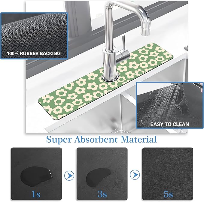 Faucet Mat Splash Guard Groovy Flower Silhouette, Soft Diatom Mud Material, Strong Water Absorption, Non-slip,Easy to Clean for Bathroom, Kitchen 23.5"X5.5"