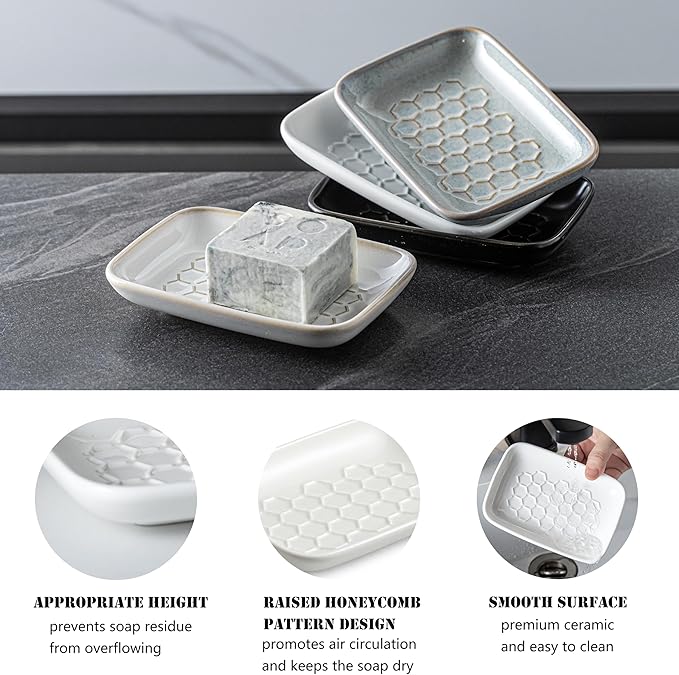 Gomakren Soap Dish for Shower, Ceramic Bar Soap Holder with Honeycomb Design - Soap Saver Tray for Bathroom Kitchen Sink, Sponge & Organizer Tray, Upscale Look, 5.5 Inch, White