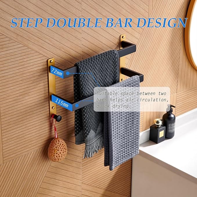 16 Inch Double Towel Bar with Hooks Black & Gold, Wall Mounted Towel Holder for Kitchen Bathroom, Stainless Steel Towel Rack