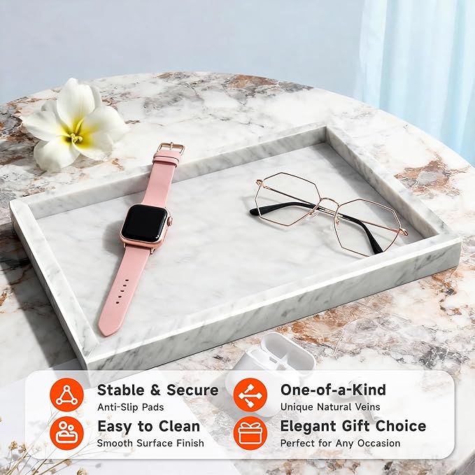 12"x8" Marble Tray White Rectangular Bathroom Tray countertop, Vanity & Kitchen | Includes Mirror Wiper and Wash Towel | Decorative Organizer for Perfume, Jewelry & Home Decor