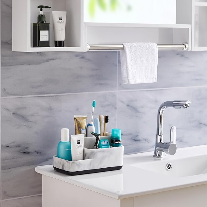 ZCCZ Toothbrush Holder Organizer - Multi-Functional Bathroom Storage for Makeup, Skincare, and Accessories - White Marble Look Countertop Organizer for Sink and Vanity Spaces