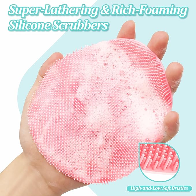 Silicone Bath Glove & Face Scrubber Set 2PCS, 360° Anti-Slip & Hand-fit Body Scrubber for Rich Foaming Deep Cleaning, Unique Facial Scrubber with Side-bristles for Contoured Areas.(Pink)