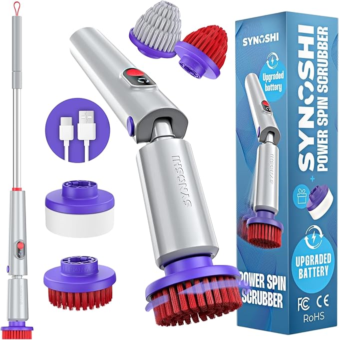 Synoshi PRO Electric Spin Scrubber Bundle – Shower Scrubber with Long Handle Extension & Cone Brush Heads – Bathroom Scrubber, Floor Scrubber & Bathtub Scrubber Electric Cleaning Tool