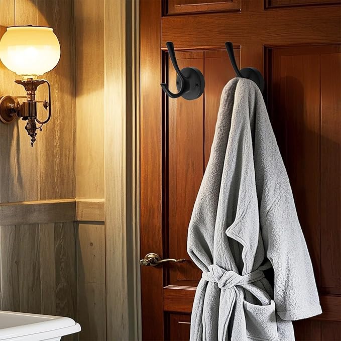 Black Towel Hooks, 2 Pack Coat Robe Hook Heavy Duty Metal Double Bathrobe Hook Wall Mounted, Hand Towels Hooks for Cubicle Bathroom Kitchen Closet Garage