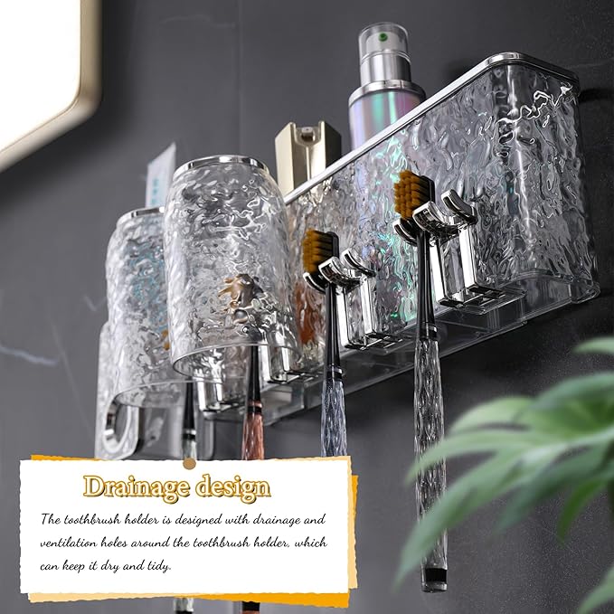 Toothbrush Holders Combo Set for Bathroom，3 Cups Toothbrush Holder Wall Mounted with Organizer，Gift 3 Count Ultra Fine Soft Bristle Crystal Tooth Brush and Wall Mounted Toothpaste Squeezer