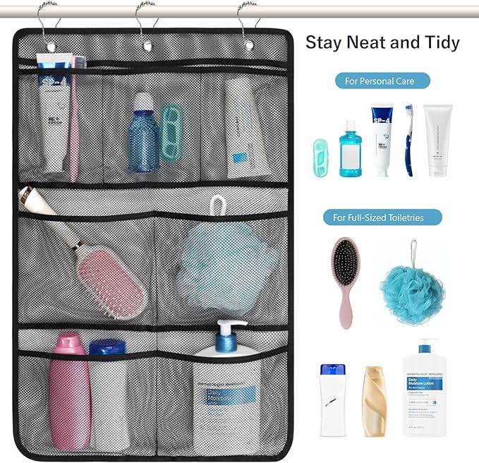 F-color Cruise Essentials 2026 - Mesh Shower Organizer Hanging with 7 Pockets for RV Gym Camping, Quick-Dry Portable Toiletry Bag with Metal Hooks for Bathroom Travel Toiletries