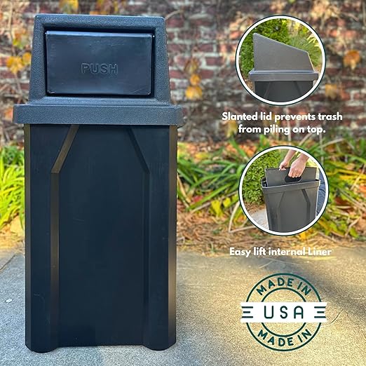 32 Gallon Square 100% Recycled Plastic Heavy Duty Indoor or Outdoor Commercial Trash Can with Push Lid | Great for Schools and Businesses - Yellow