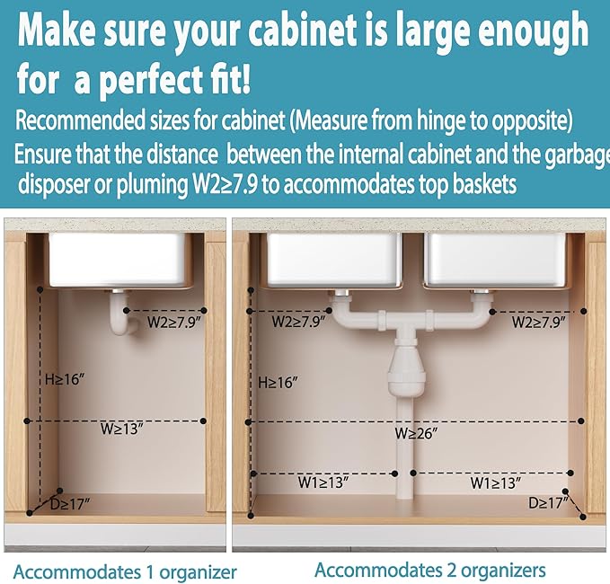 Under Sink Organizer 2 Pack, 2 Tier Slide Out Large Capacity Height Adjustable Under Sink Organizers and Storage for Kitchen Bathroom Cabinet, Grey
