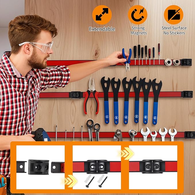 18" Magnetic Tool Holder Strip, 6 Pieces Red Metal Tool Organizer Rack with Stainless Steel Surface, Magnet Bar for Garage Workshop, Easy To Install with Mounting Screws