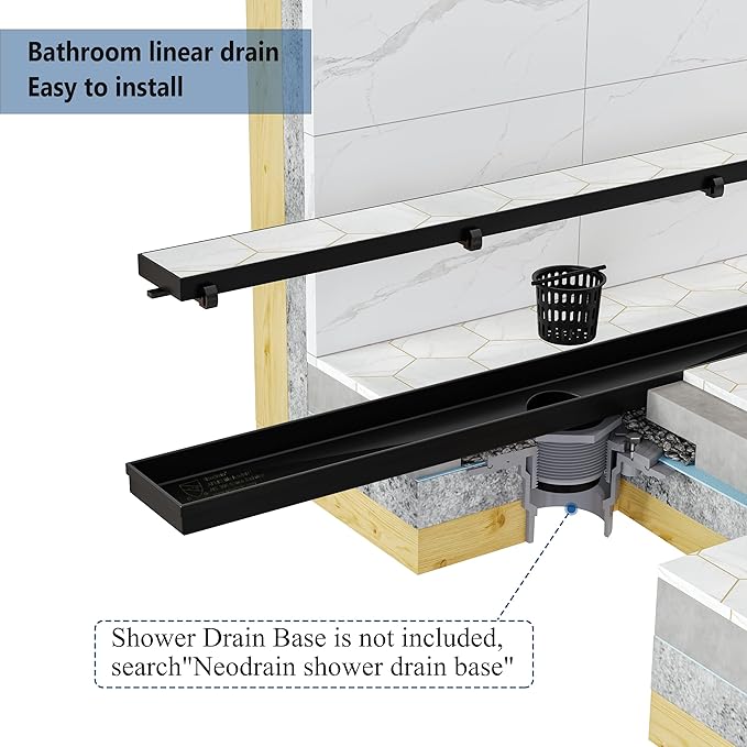Neodrain 18-Inch Linear Shower Drain with Tile Insert Grate, Matte Black 304 Stainless Steel Rectangle Shower Floor Drain, Linear Drain with Leveling Feet, Hair Strainer