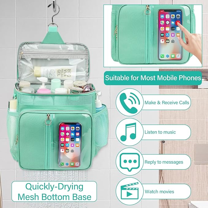 Portable Shower Caddy College Dorm Essentials, Large Toiletry Bag for Women Men, 2 Layers Quickly Dry Mesh Bathroom Tote Bag, Hanging Makeup Organizer Bag for Travel, Gym, Camping (Mint Green)