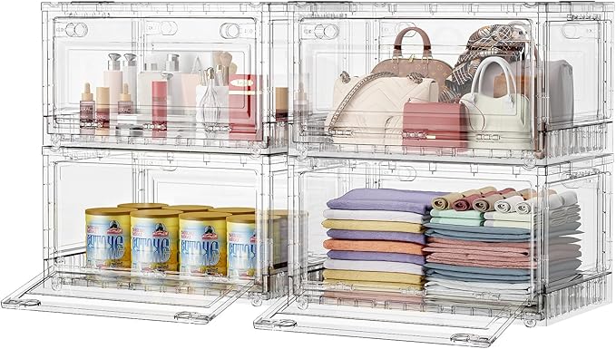 BROVIEW 320Qt Stackable Storage Bins with Lids Wheels, XL Clear Plastic Drawers Foldable Closet Organizers and Storage Cabinet Display Box Shelves with Front & Back Doors, for Home Office Garage,4Pack