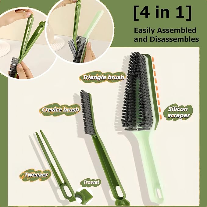 Hard Bristle Detachable Cleaning Brush, 4 in 1Household Cleaning Brush, Crevice Cleaning Brush, Multifunctional Gap Cleaning Scrub Brush Cleaning Tools for Kitchen, Bathroom, Window (1, Green)