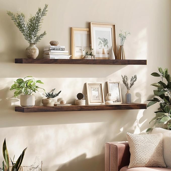 Floating Wall Shelf 48x6.8x1.7 Inch – Solid Wood Shelf in Walnut Finish – Extra Long Wall Mounted Rustic Display Shelf for Living Room, Kitchen, Bedroom, Office – Set of 2