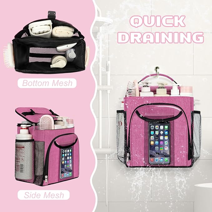 Attmu Mesh Shower Caddy Portable for Dorm College Essentials, Large Capacity Separate Compartment Hanging Toiletry Bag for College Student Camping Gym Travel Essentials (Pink)