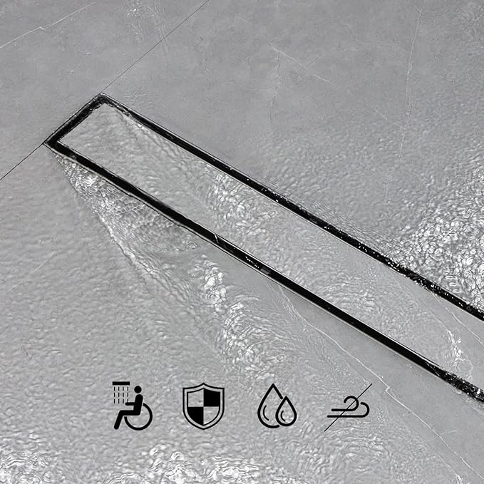 SaniteModar Linear Shower Drain, Linear Drain 28 inch with Tile Insert 2 in 1 Panels, Brushed 304 Stainless Steel Shower Floor Drain,Shower Drain Equipped Adjustable Feet and Hair Filters