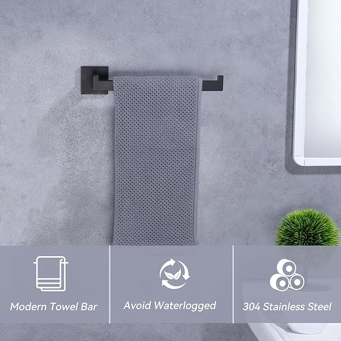 LANC Bathroom Hand Towel Holder Matte Black Hand Towel Bar 10 Inche Right Side Square Towel Ring for Kitchen Cabinet Toilet Door Wall Mount Stainless Steel Modern Towel Racks Hanger, A8806MB