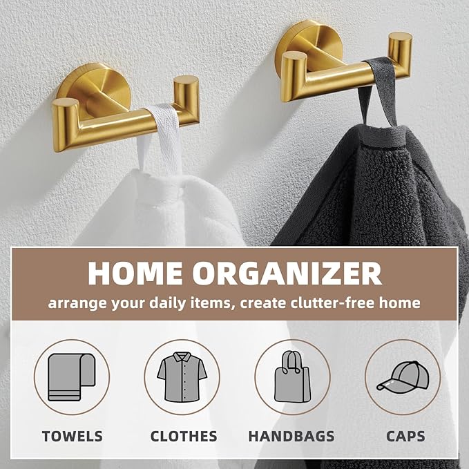 APLusee Brushed Gold Double Towel Hook 2 Pack, 304 Stainless Steel Clothes Hook, Wall Mounted
