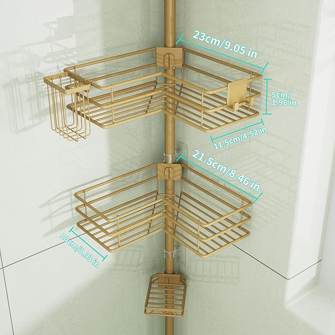 HapiRm Corner Shower Caddy Organizer - Shower Organizer Corner with Soap Holder, Toothbrush Holder and 4 Hooks, Rustproof Bathroom Shelf Tension Pole Available for 27.6 to 108.3 Inch - Gold