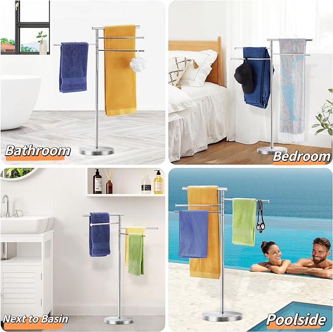 Freestanding Towel Rack, 40 Inch Tall Standing Towel Racks for Bathroom with Weighted Base, Modern Floor Towel Drying Holder Stand with 4 Swivel Arms, Stainless Steel, Chrome, YOFOVI