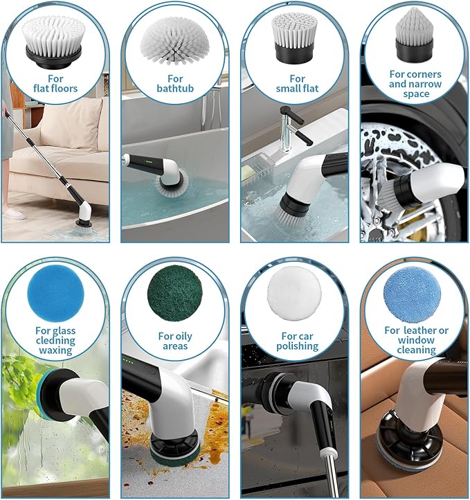 YKYI Replaceable Brush Heads Set,8 Pack for 𝐄𝐥𝐞𝐜𝐭𝐫𝐢𝐜 𝐒𝐩𝐢𝐧 𝐒𝐜𝐫𝐮𝐛𝐛𝐞𝐫,Suitable for Model ANS-8051A/8050 Power Shower Scrubber,for Household Cleaning and Heavy Oil Pollution Cleaning