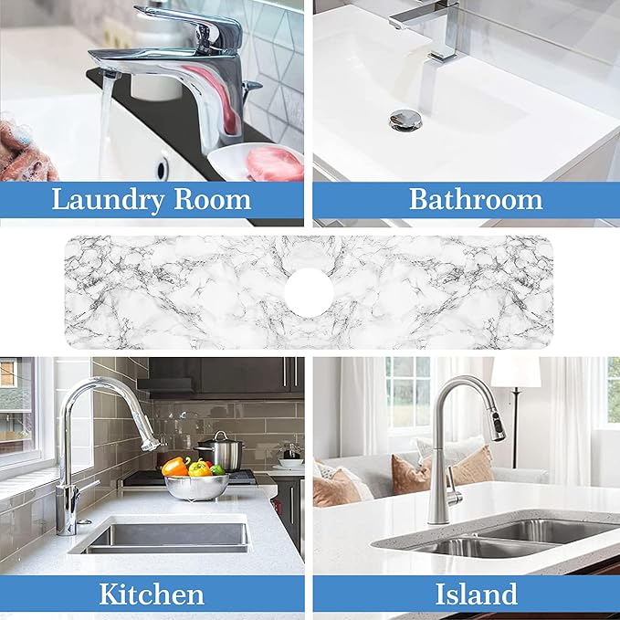 Faucet Mat for Kitchen Sink White Marble Texture, Soft Diatom Mud Material, Strong Water Absorption, Non-slip, Easy to Clean for Bathroom, Kitchen 23.5"X5.5"