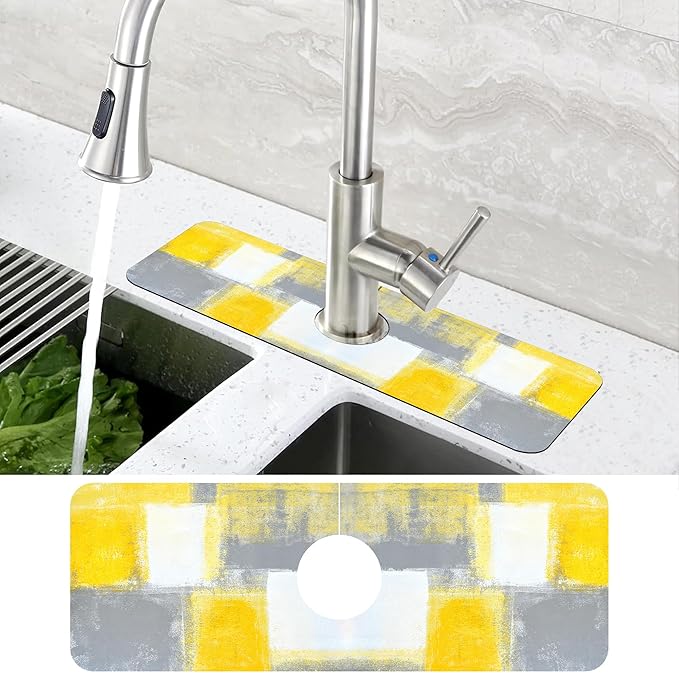 Grey and Yellow Abstract Kitchen Sink Splash Guard Mat Absorbent Fast Drying Mat Faucet Draining Mat Sink Splash Guard Behind Faucet Drip Catcher for Kitchen Bathroom 5.5"×15"