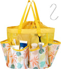 F-color Mesh Shower Caddy Portable with Drawstring - Large 8 Pockets Dorm Room Essentials for Guys Girls with S Hook, Shower Bag Basket Tote for College Camping Gym Travel Bathroom, Yellow Beach