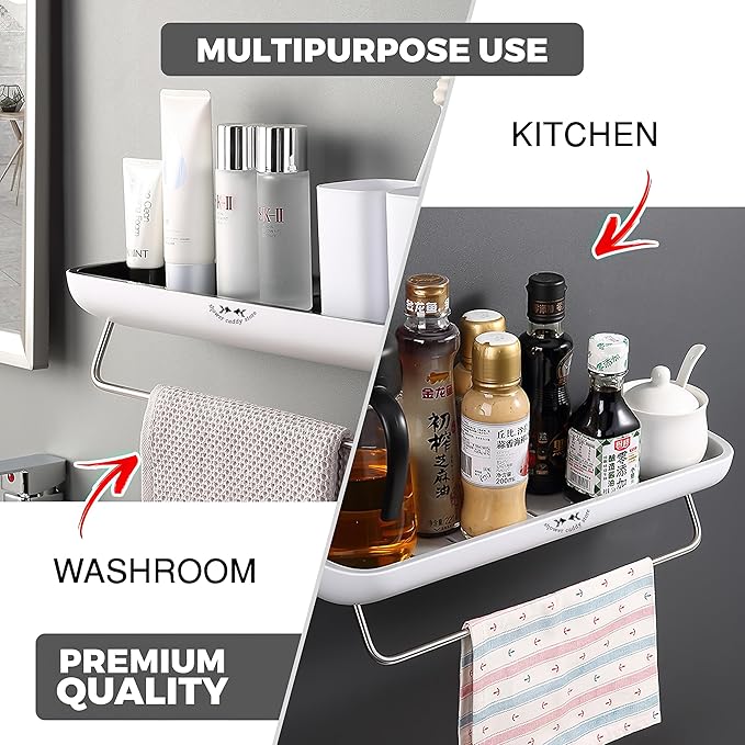 Shower Caddy Multipack (2) - Wall Mounted - with Towel Bar - Extra Strong Self Adhesive - No Drilling - Easy Drainage - Stylish and Space Saving - Rustproof (White/Gray)