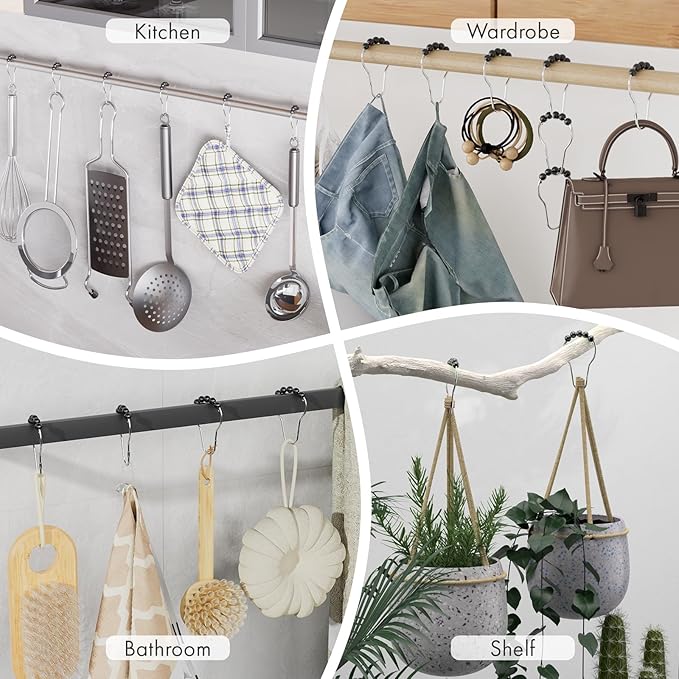 Amazer Black Shower Curtain Hooks, Decorative Rust Proof Acrylic Balls Shower Curtain Hooks, Stainless Steel Shower Hooks for Shower Curtain Bathroom Shower Hooks-Set of 12