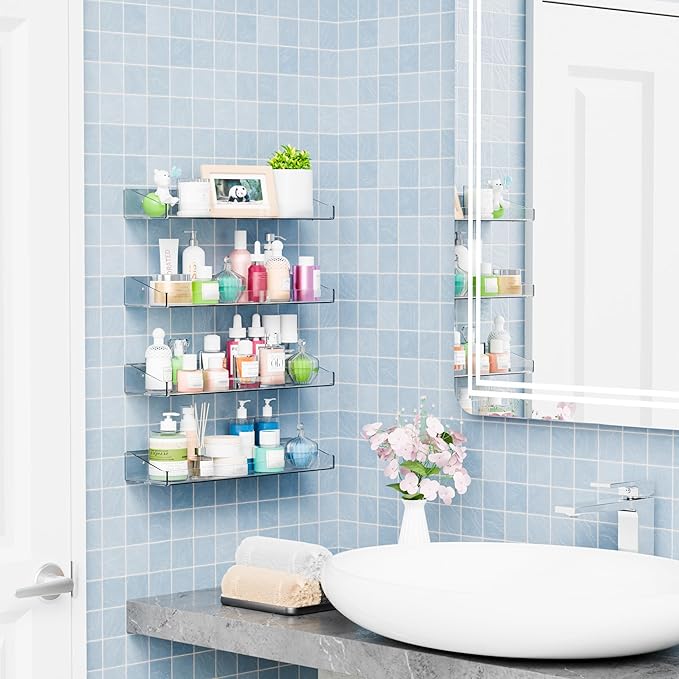 Yieach 6 Pack Shower Shelf for Inside Shower - No Drill Bathroom Adhesive Shower Shelves,Large 15" Clear Wall Mount Bath Organizer,Floating Clear Bathroom Shelves for Makeup,Perfume,Shampoo Holder