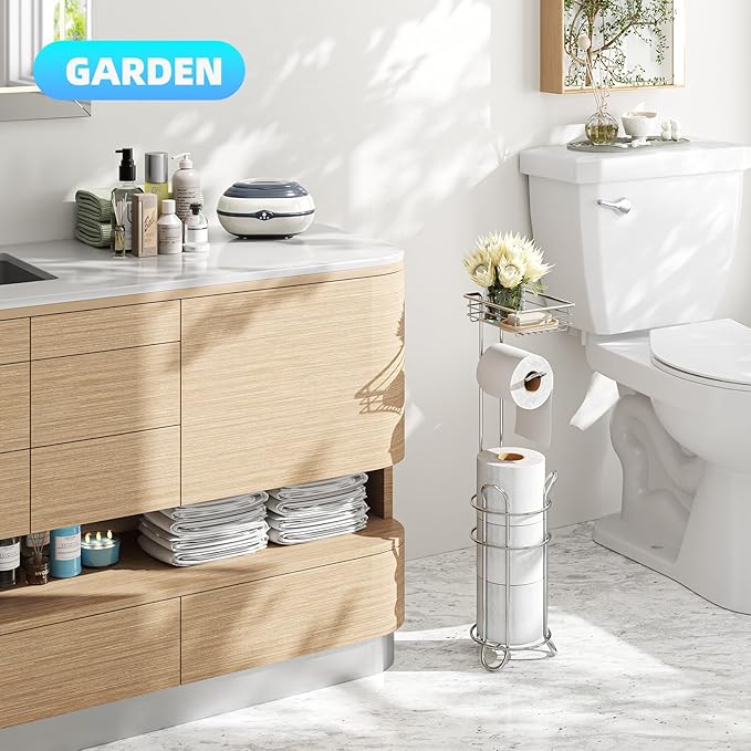 Simple Trending Toilet Paper Holder Free Standing,Toilet Paper Stand with Shelf for 4 Rolls, for Phones,Tissues,Wipes and Bathroom Toilet Paper Storage, Chrome
